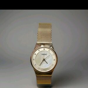 Pulsar Gold Mesh Watch with Crystal Accents